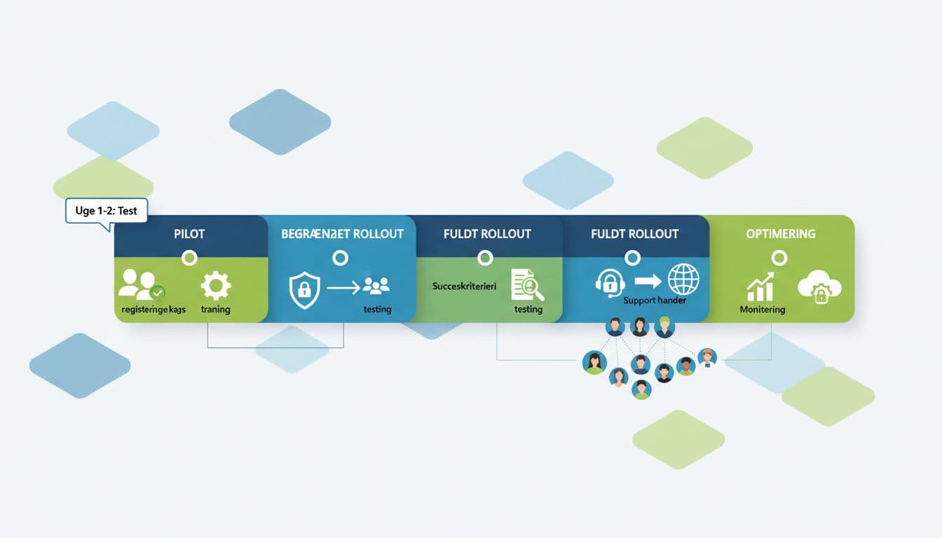 Clean modern corporate IT illustration of a horizontal rollout timeline infographic for passwordless login with FIDO2 in Entra ID, featuring Danish phases: Pilot, Begrænset rollout, Fuldt rollout, Optimering, with milestones, icons, and simple callouts.