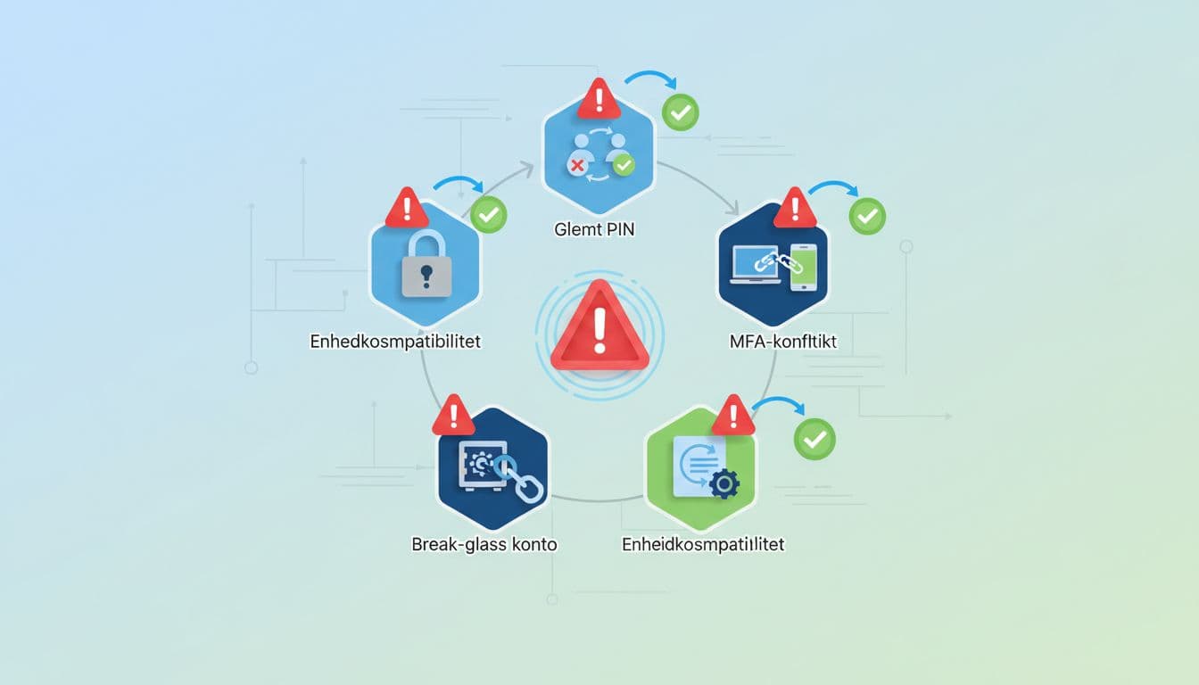 Clean, modern corporate IT illustration highlighting common pitfalls in FIDO2 passwordless setup with Danish labels like 'Glemt PIN' and 'MFA-konflikt', featuring warning icons and solution arrows in a cautionary yet solvable style.