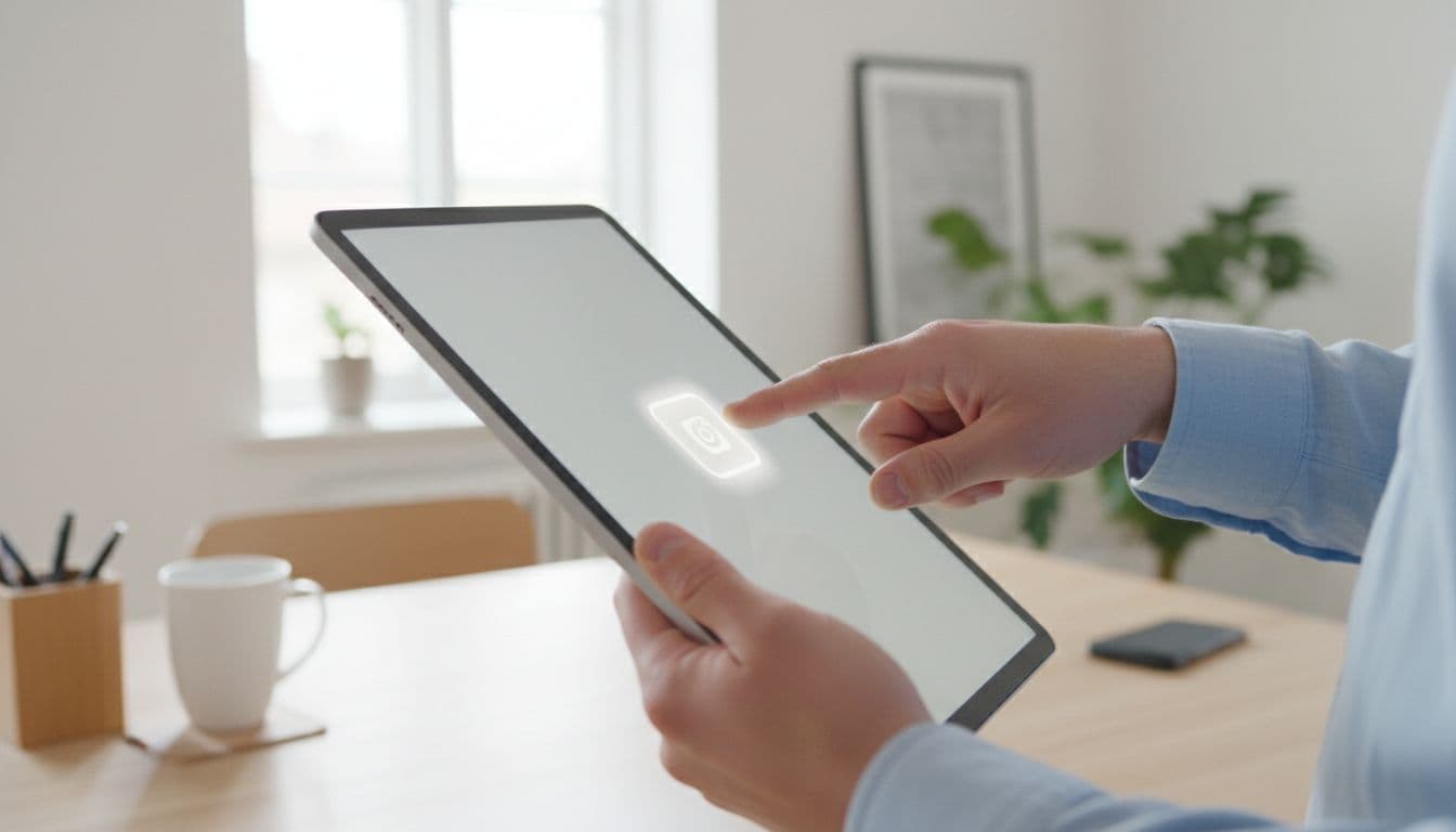 Person uses finger to move app icon across tablet screen in bright office.