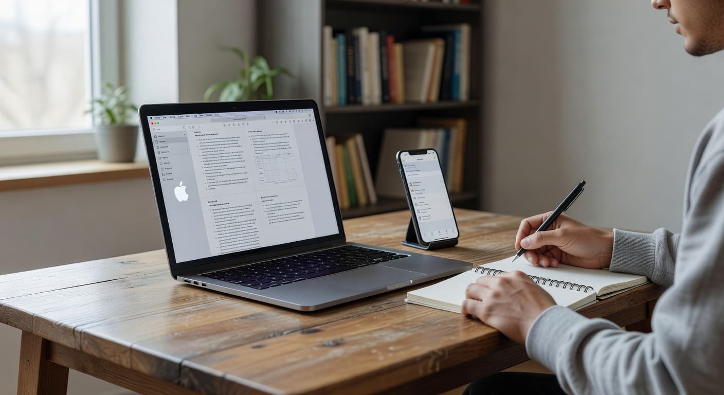 A student works intently at a small wooden desk with a silver MacBook open. Soft ambient light illuminates the organized workspace, highlighting a quiet setting perfect for academic focus and productivity.