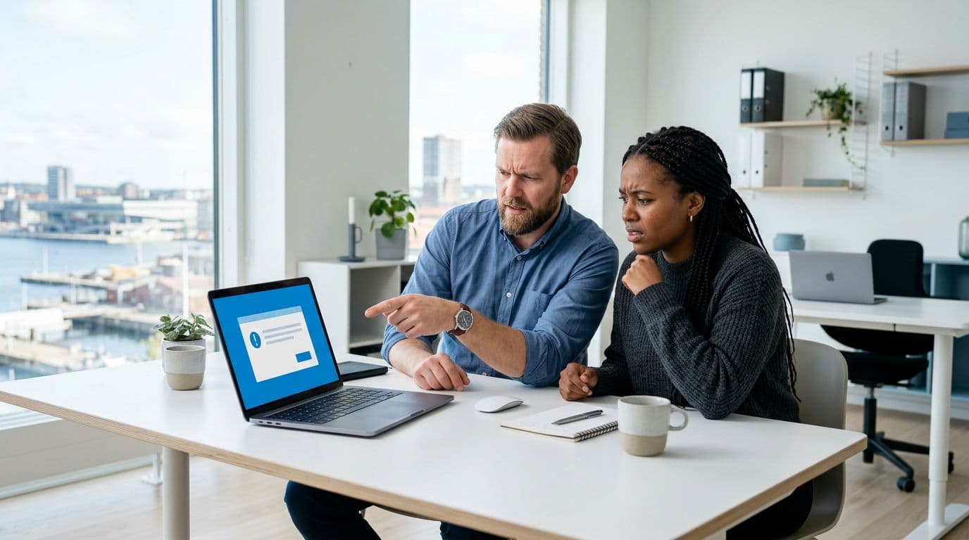 Two diverse employees from a small Danish company sit frustrated at a modern desk in a bright Aarhus office, pointing at a laptop showing a vague IT error screen, in minimalist Scandinavian design with natural light.