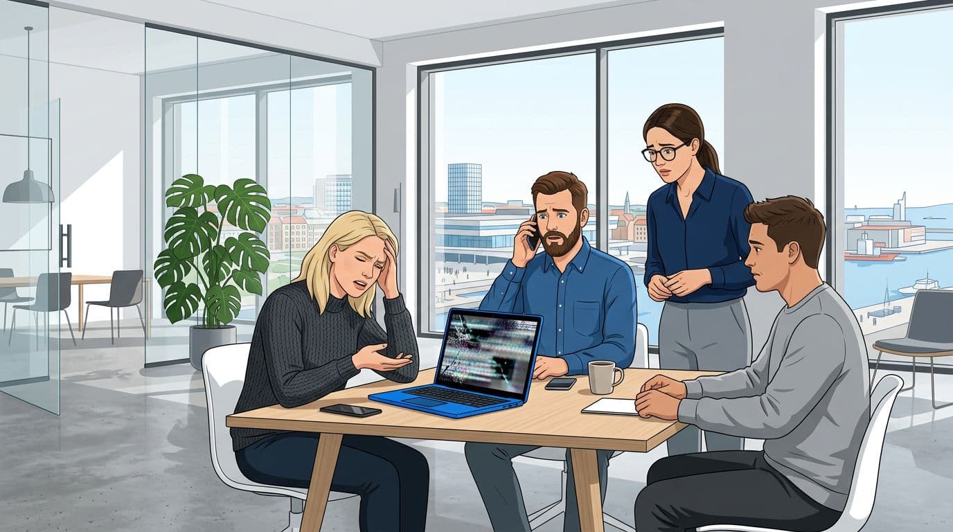 A team of four in a bright Scandinavian office in Aarhus deals with a laptop screen error; one calls for help while others look concerned.