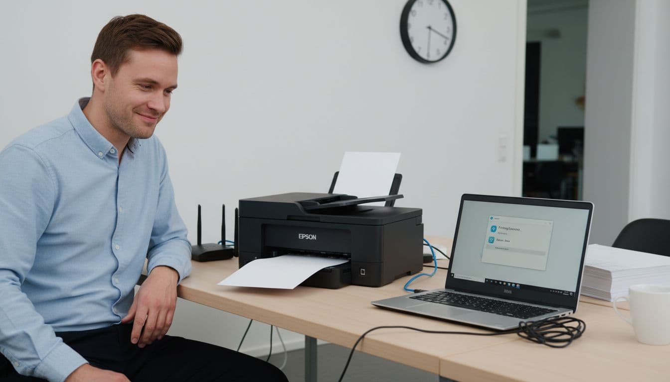 Photorealistic image in natural light with documentary style of a modern Danish office featuring a man in casual business attire sitting with a slightly frustrated yet humorous smile as a single A4 sheet slowly emerges from an inkjet printer next to a laptop showing a generic print queue window. Background includes router, modem with ethernet cable, loose USB cable, unused paper stack, coffee cup, and wall clock indicating long wait time.