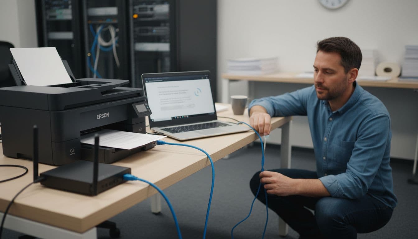 Photorealistic documentary-style image of a modern office scene where a casually dressed professional calmly checks ethernet cables on an Epson inkjet printer connected to a router, with a Windows laptop displaying generic network settings and a slow-printing sheet emerging. Background includes network gear, papers, coffee, and a clock indicating wait time, captured in sharp focus with natural lighting and realistic colors.
