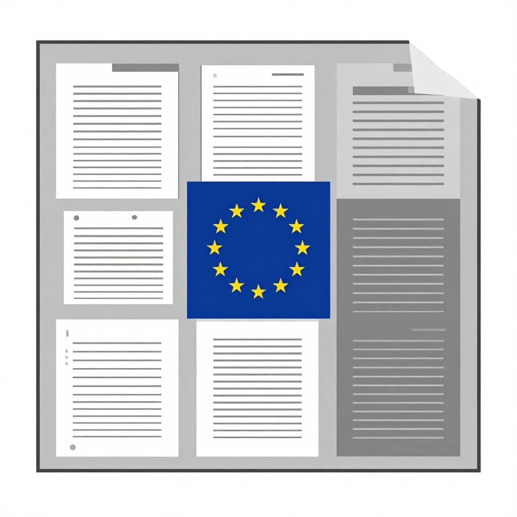 Stylized minimalist illustration featuring an open Danish business folder with EU GDPR shield, security lock, calendar, and compliance check icons on a uniform gray background.