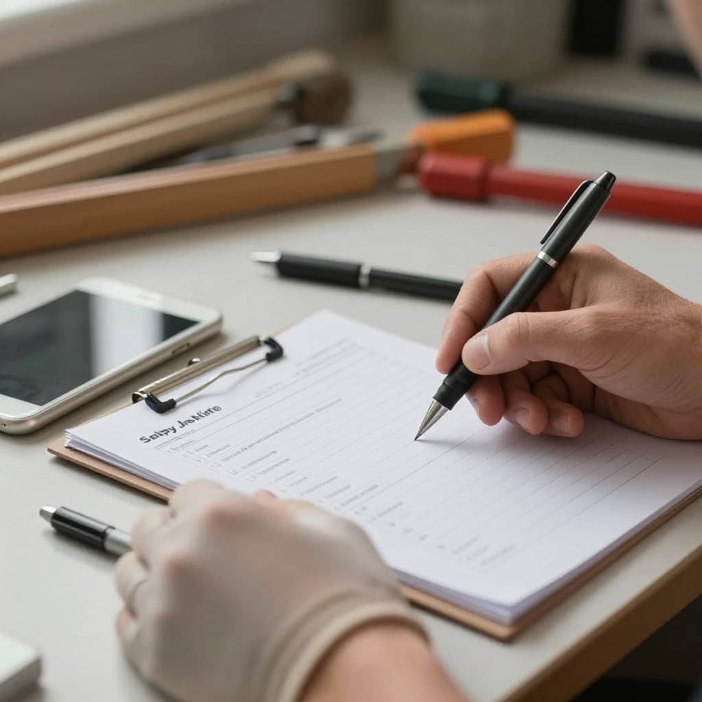 Photorealistic close-up DSLR image in soft natural daylight of a Danish workshop: a single gloved hand placing a pencil checkmark on a paper checklist clipboard next to a refurbished smartphone on a workbench, with blurred tools in background.