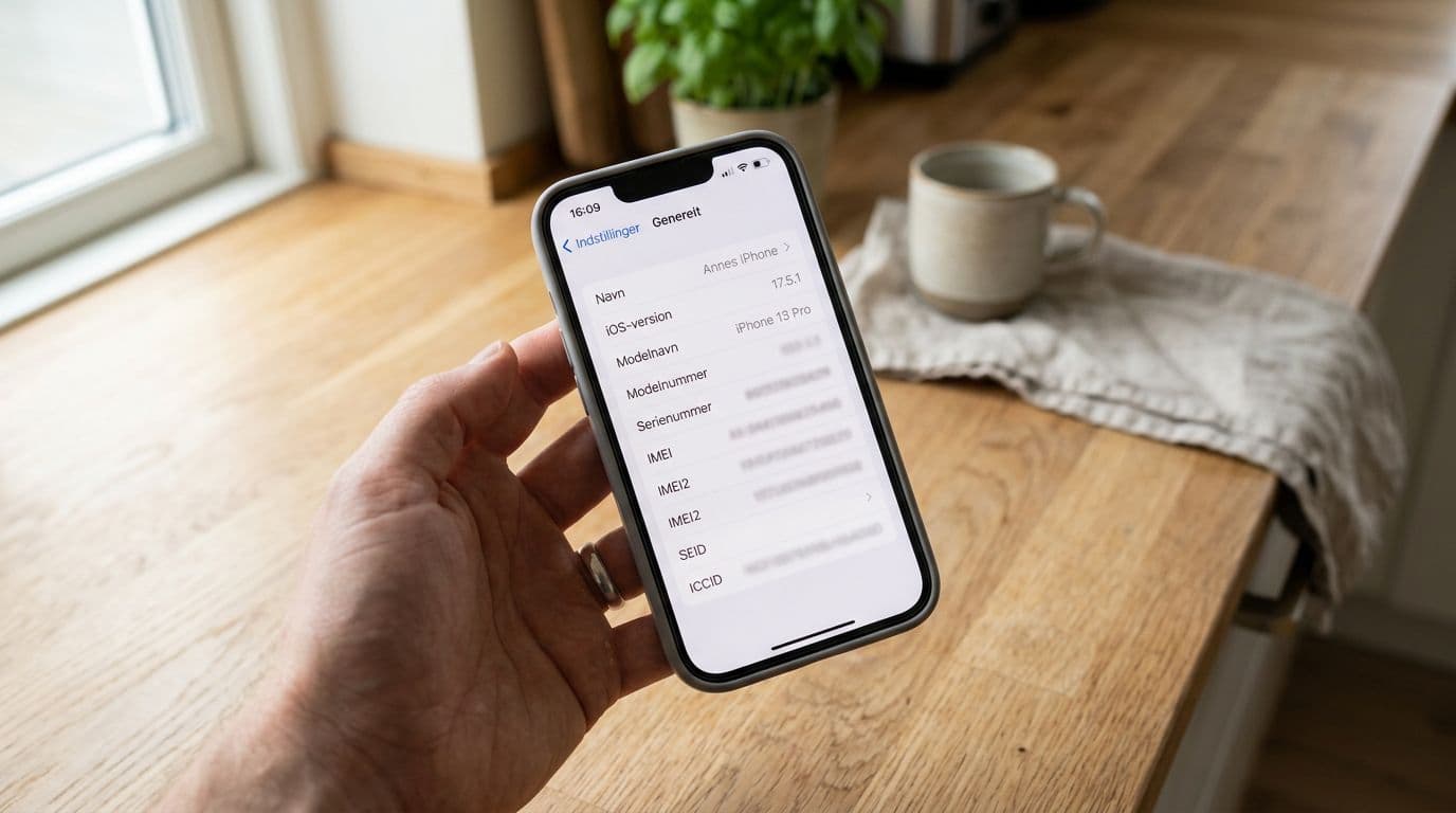 Photorealistic close-up smartphone-style photo in landscape ratio of a hand holding an iPhone displaying Settings > General > About with blurred IMEI and serial number on a Scandinavian wooden kitchen table under neutral daylight.