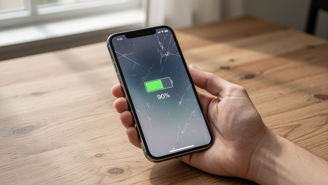 Photorealistic image of a single hand naturally holding a refurbished iPhone displaying around 90% battery health on a wooden table under neutral daylight with soft shadows.