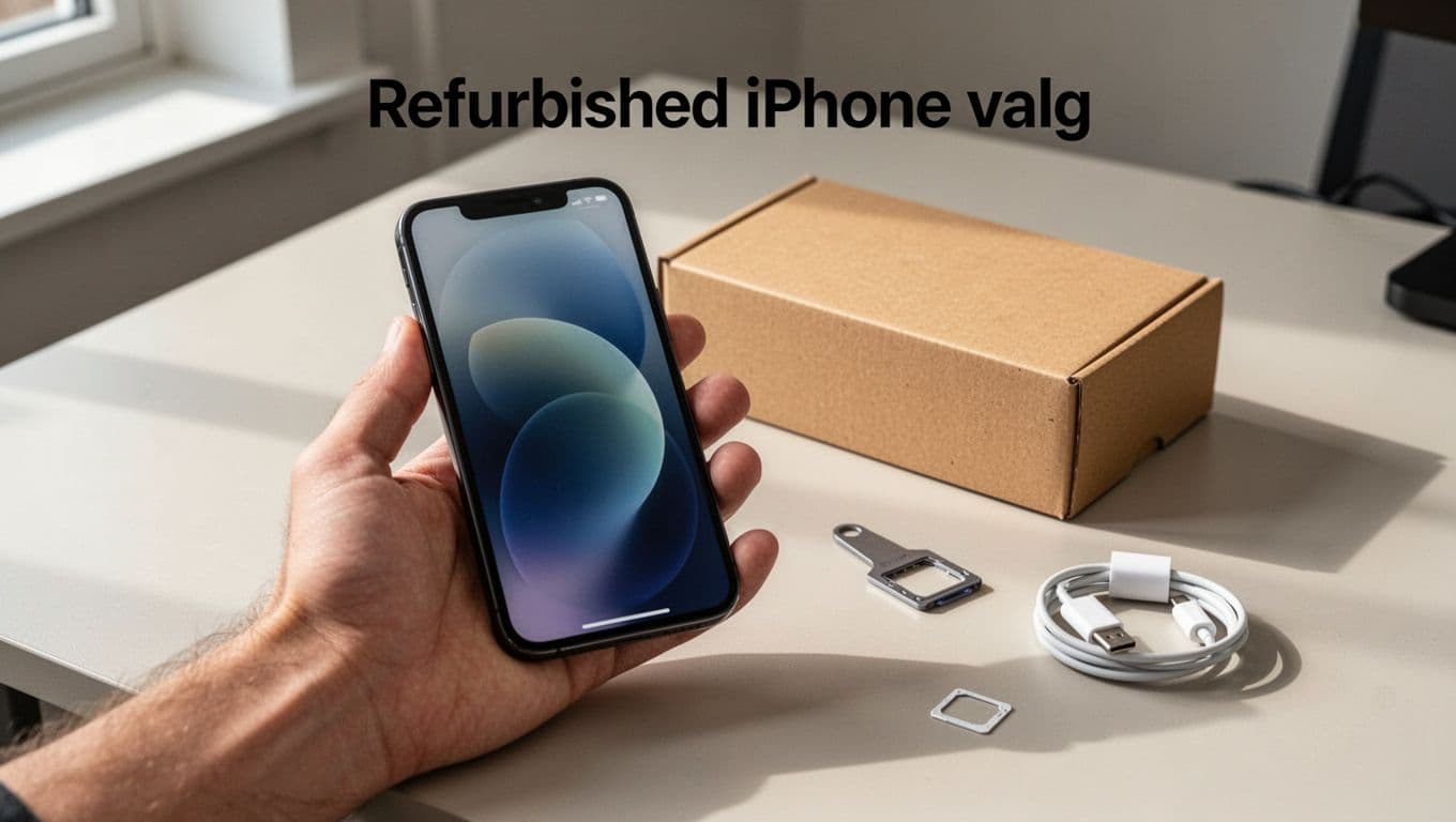 Photorealistic product photo of one hand relaxedly holding a pristine refurbished iPhone over a light desk with neutral background, featuring a generic brown cardboard box, SIM tool, and USB-C cable for a clean, trustworthy Danish guide.