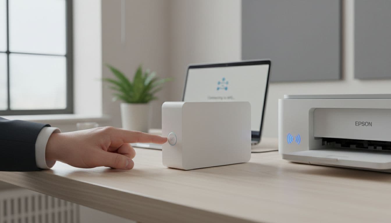 Photorealistic office scene showing a hand pressing the WPS button on a Wi-Fi router on a desk, with an adjacent Epson printer's Wi-Fi light flashing as it connects, and a laptop displaying network status in the background.