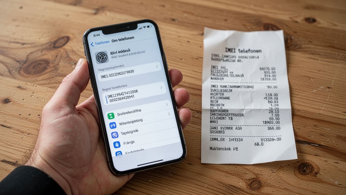 Photorealistic close-up in Danish Nordic style: a hand holds a smartphone open to generic 'About Phone' settings, comparing the IMEI number with a paper receipt on a wooden table under natural light, shallow depth of field on numbers.