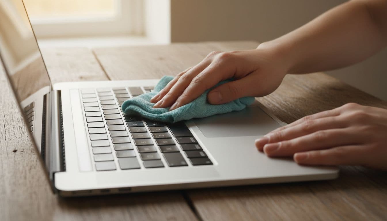 Photorealistic close-up of two hands using soft microfiber cloth to gently clean the glass trackpad of a silver refurbished MacBook Pro on a wooden desk with warm natural light.