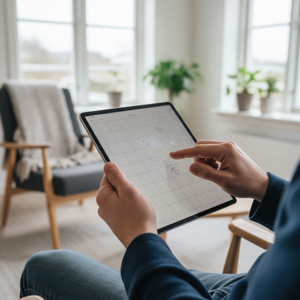 Hands hold tablet close to inspect screen in bright Nordic home with soft daylight.
