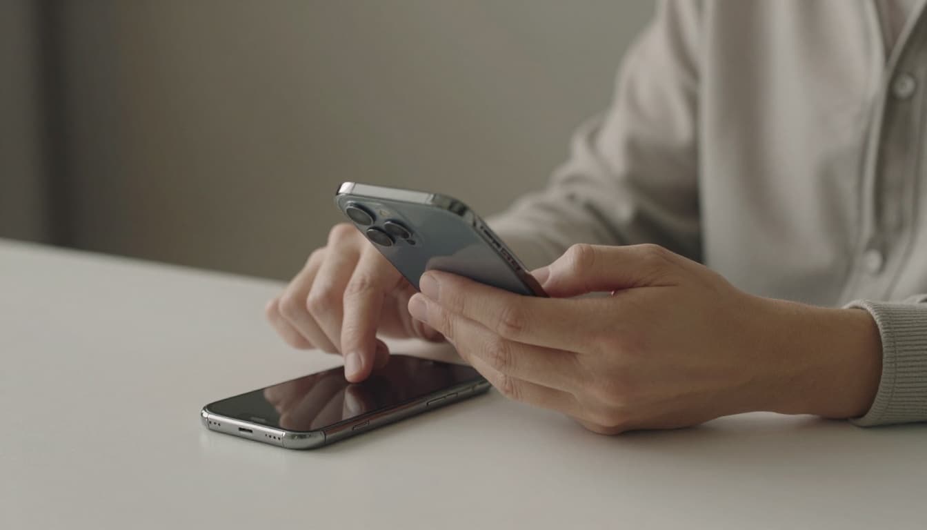 Photorealistic image showing a person's hands and upper body in neutral clothing carefully inspecting a used iPhone on a table under soft natural daylight. The hands hold the phone at an angle to check the screen, edges, and back camera for scratches and wear, with realistic materials and depth of field.
