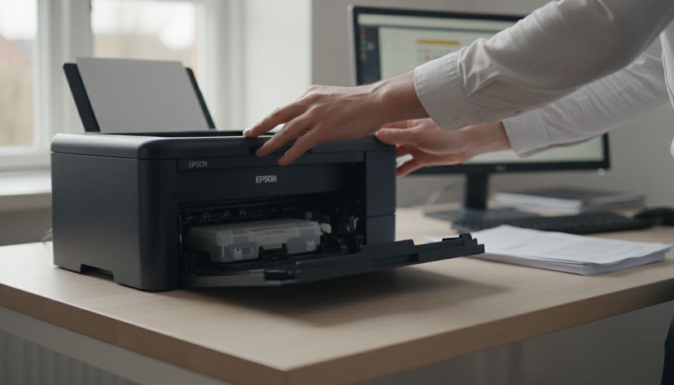 Photorealistic image of anonymous hands opening the front cover of an Epson printer in a Danish office, revealing a clean maintenance or ink collection box with light dust. Soft natural daylight illuminates the wooden table surface, with a monitor and paper in the minimalist background.