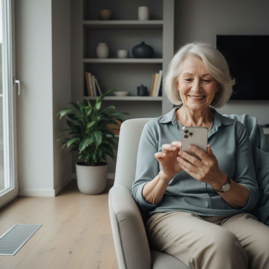 A happy senior citizen sits comfortably in a light gray armchair inside a minimalist Scandinavian living room. They hold a sleek smartphone while smiling gently, illuminated by soft natural window light.