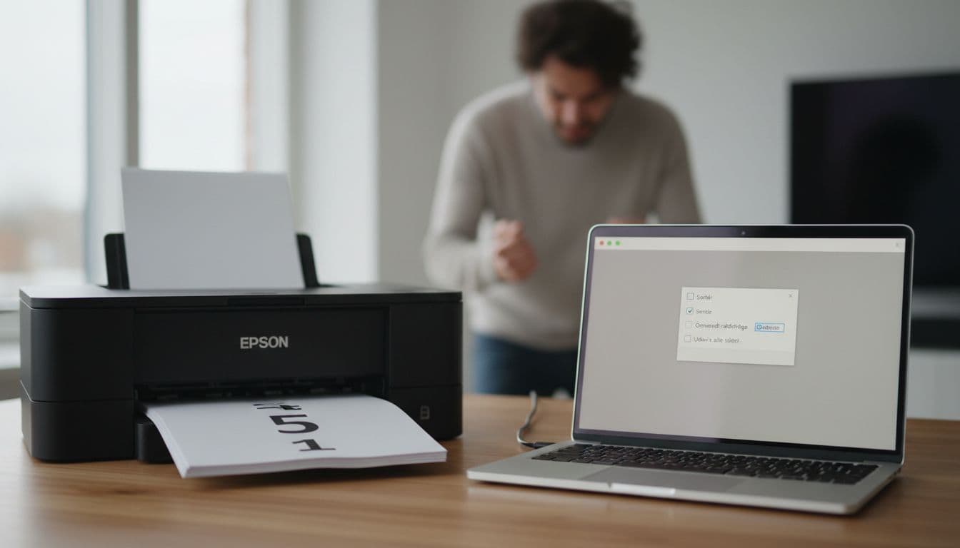 Photorealistic modern home office with Epson inkjet printer on desk showing stack of pages printed in reverse order (5 on top, 1 at bottom). Laptop displays neutral print dialog with 'Reverse order' option, frustrated blurred person in background.