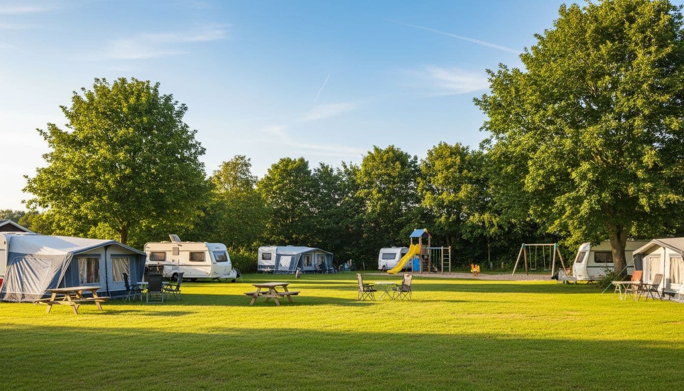 Sommerlig campingplads med telte og campingvogne på grønt græs, med legeplads i baggrunden.