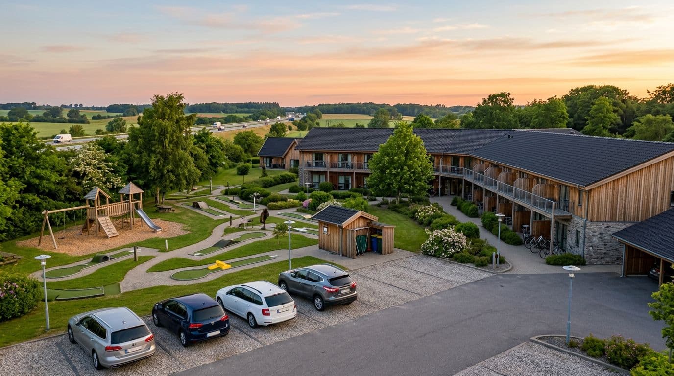 Photorealistic cozy Danish scene of hotel rooms and holiday homes at Hotel Lillevang in Slagelse, viewed from outdoor parking with E20 highway in distant background. Modern Nordic-style buildings in green surroundings, visible playground and mini-golf, parked vehicles, no people, calm morning sunrise light.
