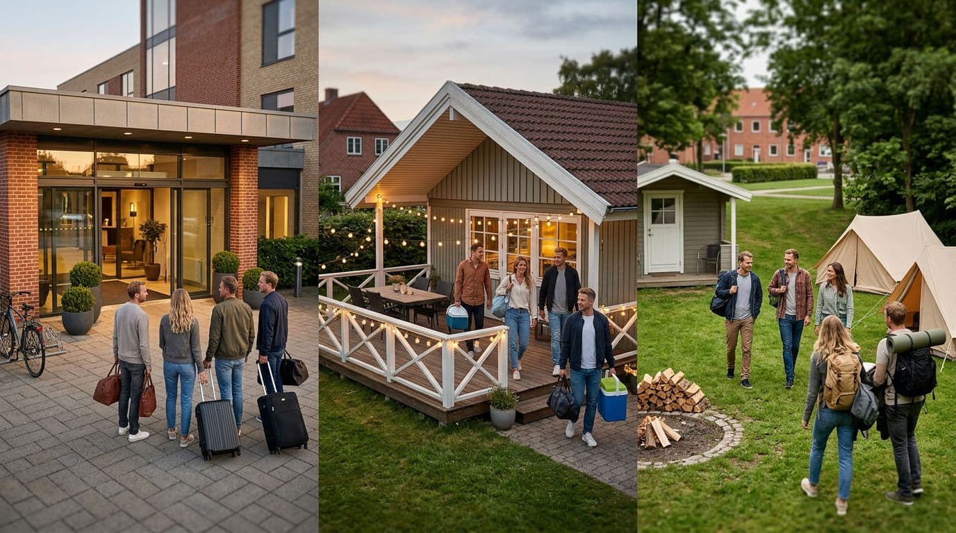 Fotorealistisk triptyk af 12 voksne venner ankommende til polterabend i Slagelse, vist i tre scener: moderne hotelindgang, charmerende feriehus og rolig campingplads med hyggelig dansk stemning.