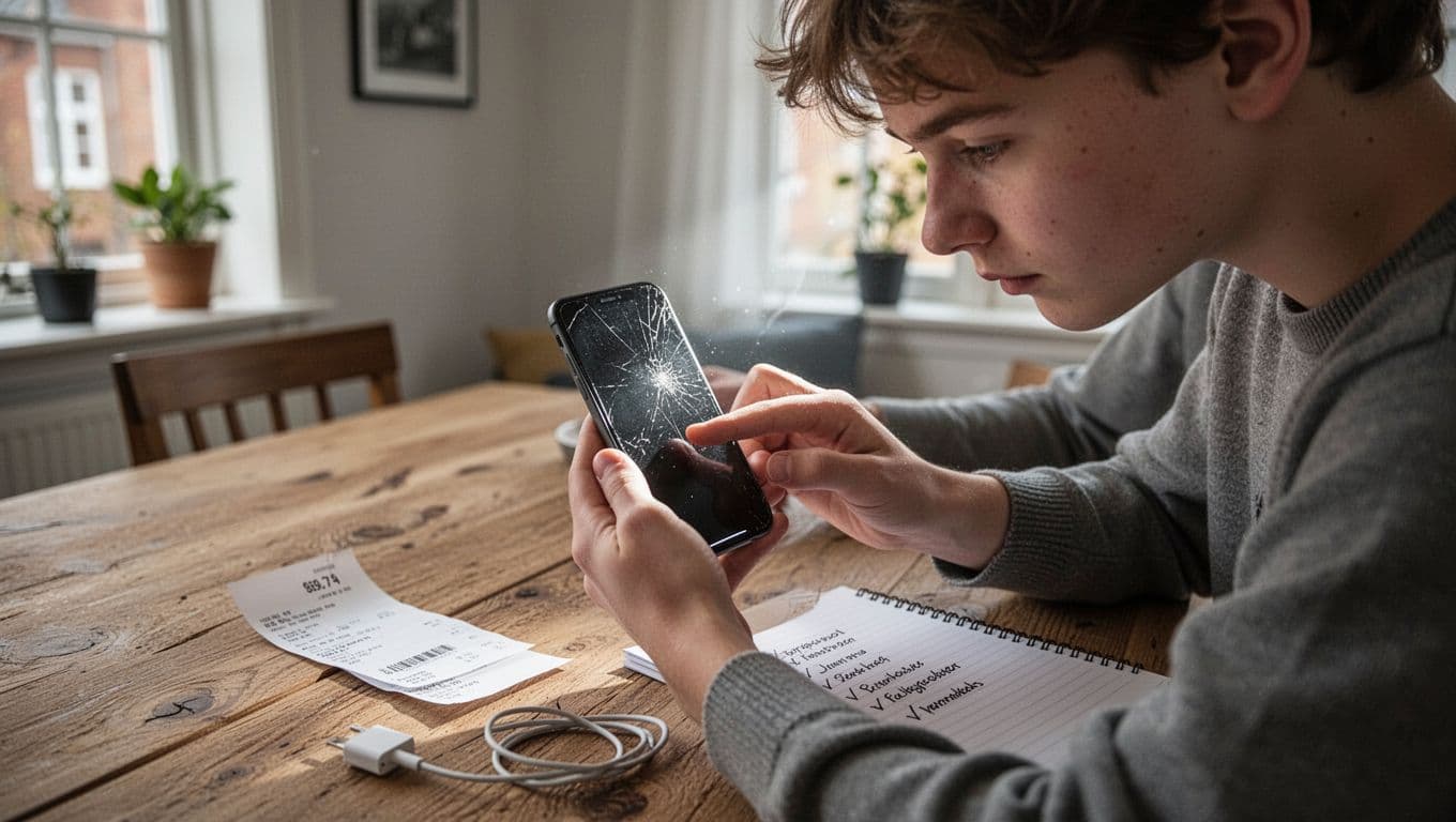 Photorealistic image of a young person sitting at a wooden dining table in a bright Danish home, carefully inspecting a brugt smartphone screen for scratches by holding it against natural window light. The table features a receipt, charging cable, and handwritten checklist notebook, with realistic skin tones and subtle depth of field.