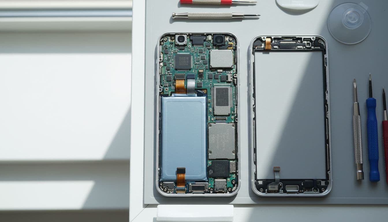 An exposed smartphone interior reveals meticulously arranged circuit boards, ribbon cables, and a flat battery pack. The clean, professional workstation environment provides soft natural light that highlights the intricate metallic textures.