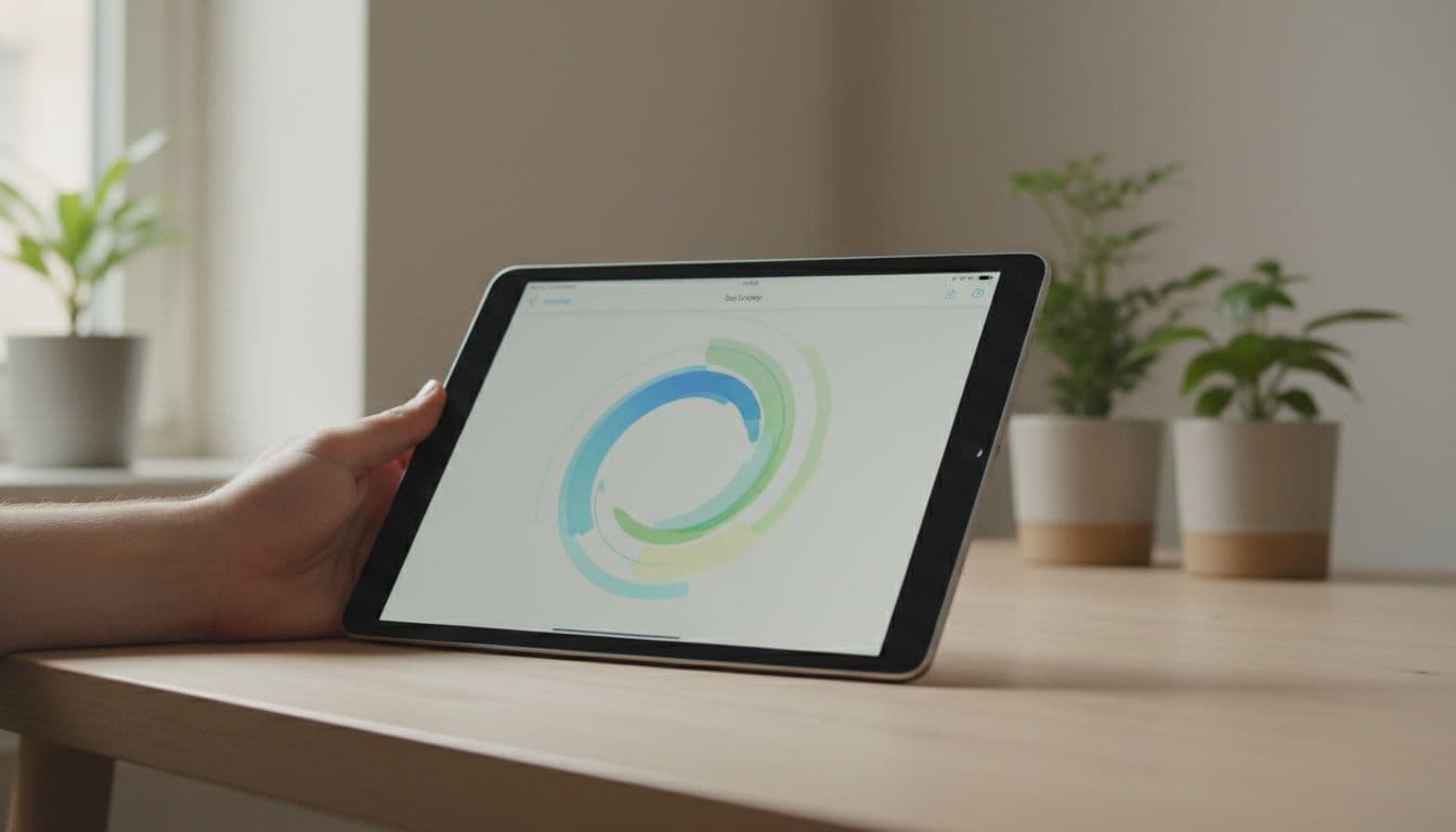 Photorealistic older iPad on light Nordic wooden home office desk showing battery settings screen with abstract graph, hand holding side, soft natural daylight, plants background.