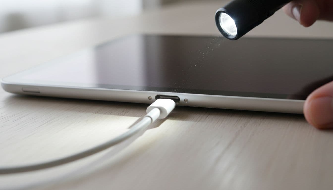 Photorealistic close-up of an iPad charging port on a light Nordic table, cable partially plugged in, phone flashlight illumination, hand stabilizing device, visible dust and wear, soft daylight, high detail.