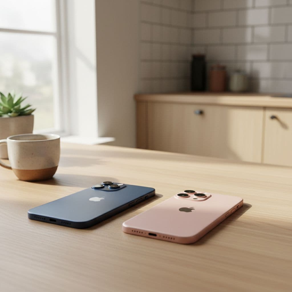 An iPhone 12 and an iPhone 13 sit side by side on a light-colored wooden table. Soft daylight illuminates the kitchen setting, highlighting the clean lines of the two mobile devices.