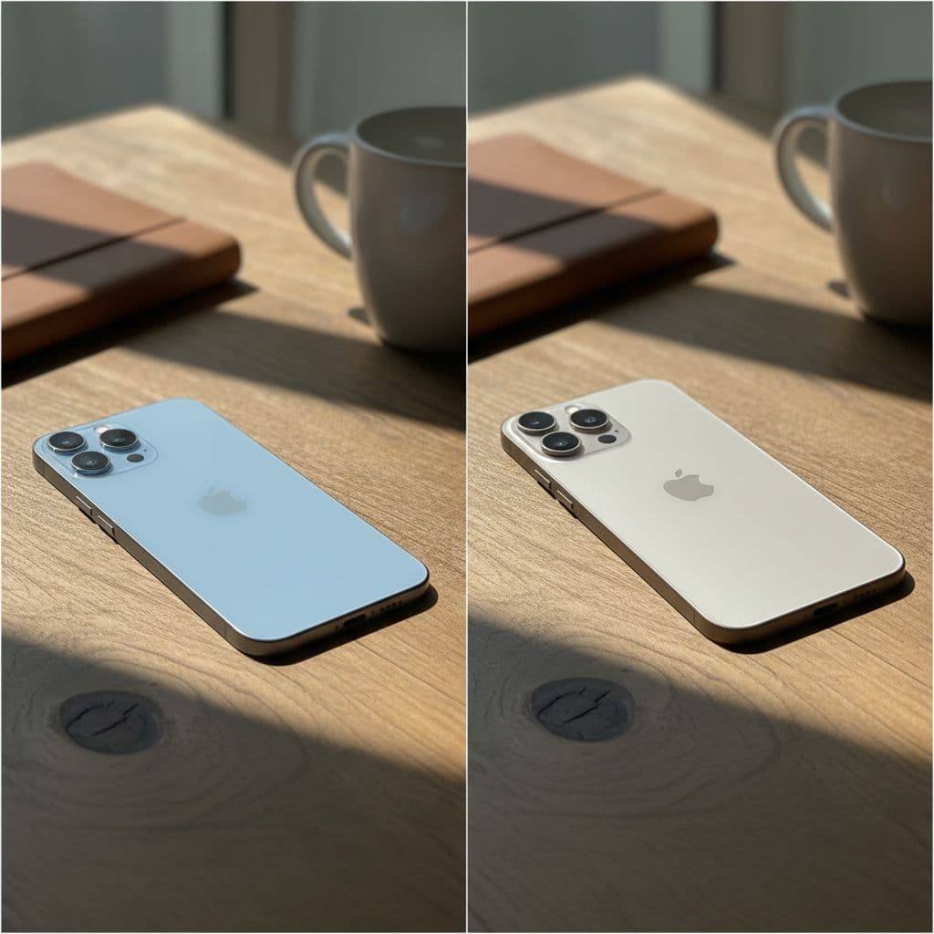 Two smartphones rest side by side at an angle on a textured wooden surface. Soft natural daylight illuminates the metallic frames and glass screens, creating a realistic, high-quality professional studio aesthetic.