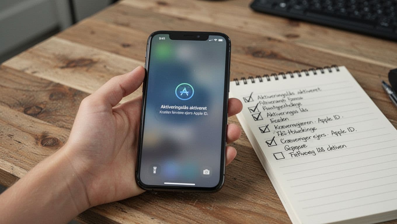 Photorealistic close-up of an iPhone on a wooden table showing a generic activation lock screen, lightly held by a young hand, with a checked-off checklist notepad nearby in a neutral home office background.