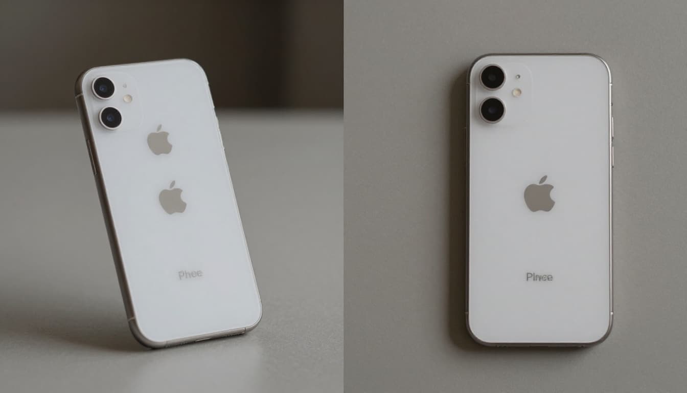 Photorealistic side-by-side before-and-after comparison from the same angle in soft daylight: left iPhone with light cosmetic micro scratches on edges and back, right identical pristine version without marks, both on a table with realistic materials and neutral Scandinavian background.
