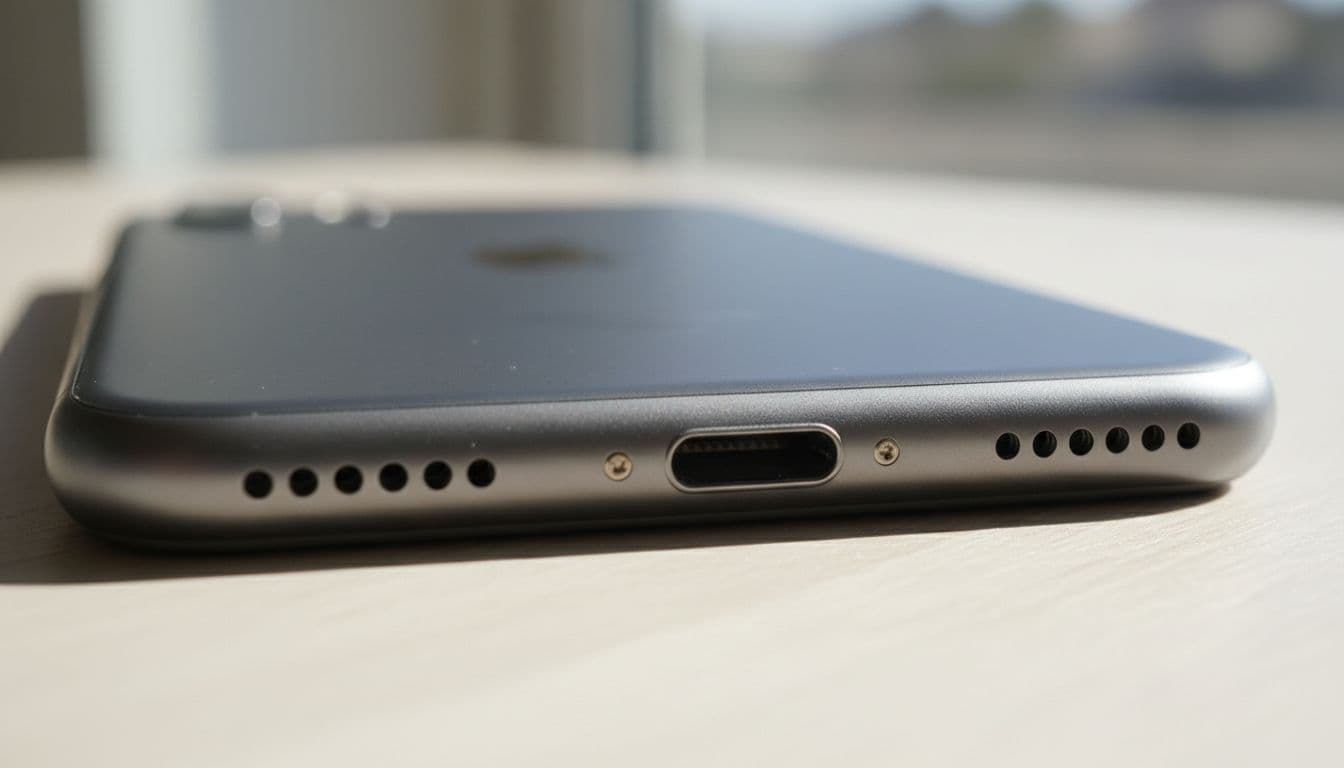 A close-up shot focusing on the clean speaker grilles and charging port at the bottom of an iPhone.