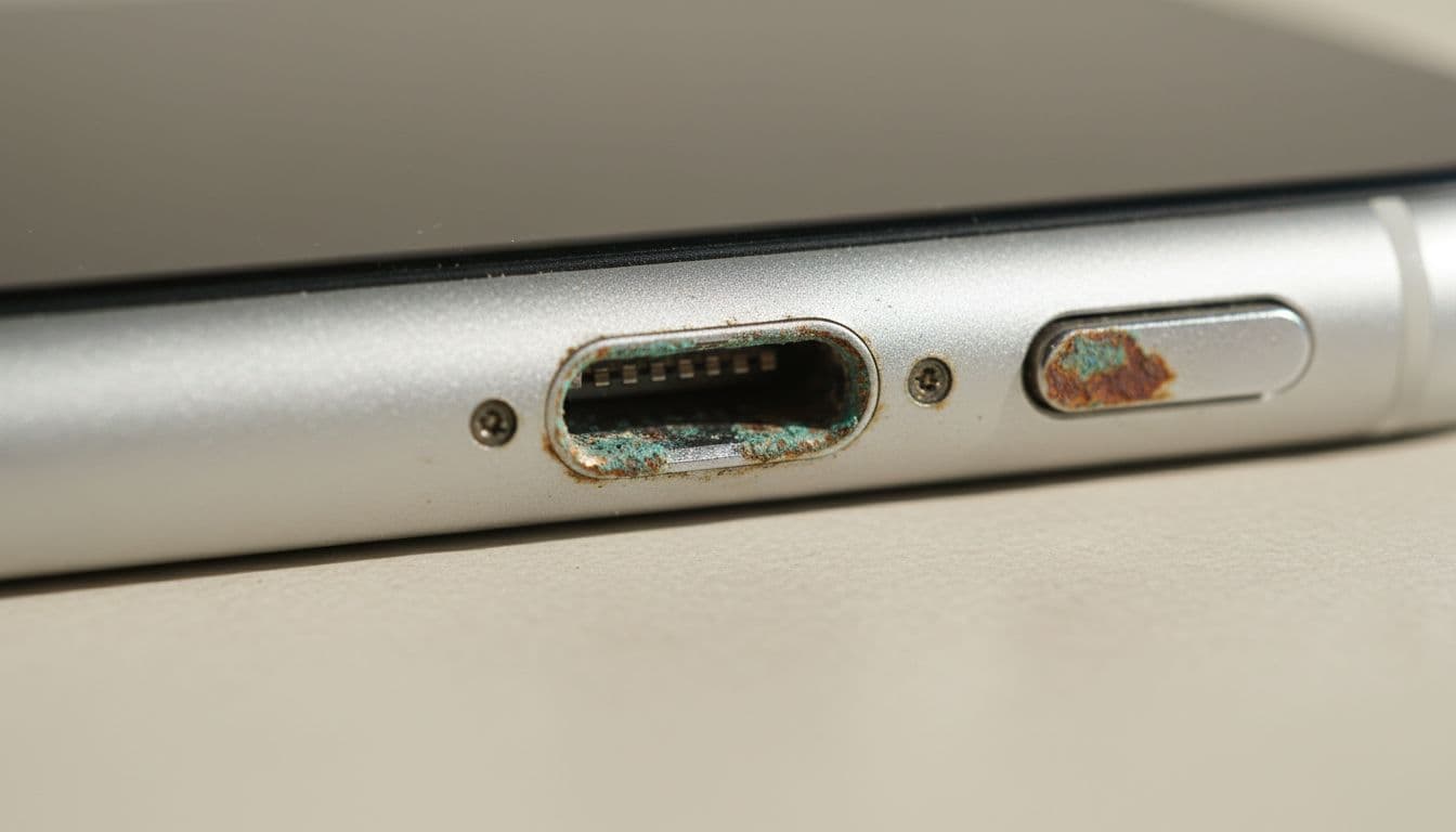 Close-up of a refurbished iPhone charging port and buttons exhibiting corrosion marks from water damage, set against a light background in natural daylight with tight focus on the port in a realistic documentary smartphone style.