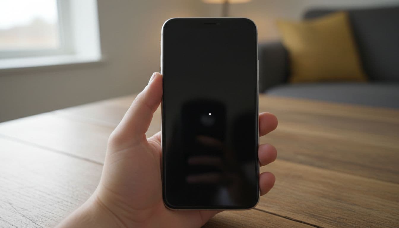 Photorealistic close-up of a modern iPhone on a wooden table in a cozy living room, screen displaying solid black background with a small white dead pixel dot, lightly held by a hand under neutral daylight.