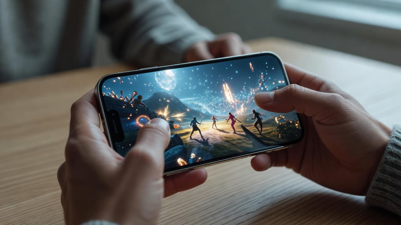 Close-up of hands holding a premium smartphone with vibrant, high-fidelity game graphics displayed on the screen. The background features a soft, blurred Nordic-inspired interior with warm ambient lighting throughout.