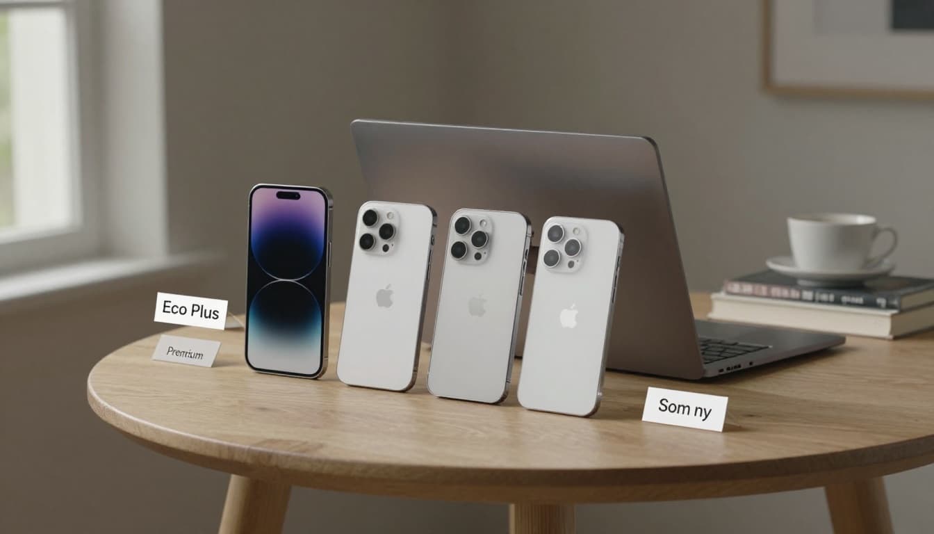 Photorealistic image featuring a nearly new iPhone and MacBook on a Scandinavian-style wooden table under soft daylight, with discreet labels 'Eco Plus', 'Premium', and 'Som ny' showing subtle condition differences.