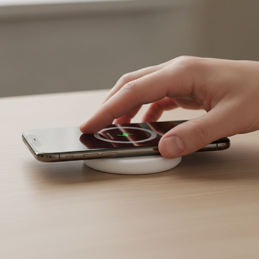 A hand places an iPhone onto a circular MagSafe charging pad on a desk.