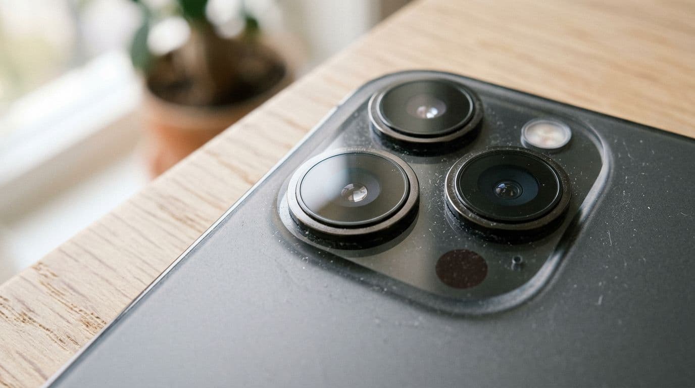 Highly detailed close-up of an iPhone back camera module with multiple lenses, realistic glass reflections, light dust, soft daylight, Scandinavian minimalism, 35mm style, shallow depth of field, and natural colors, no logos or text.