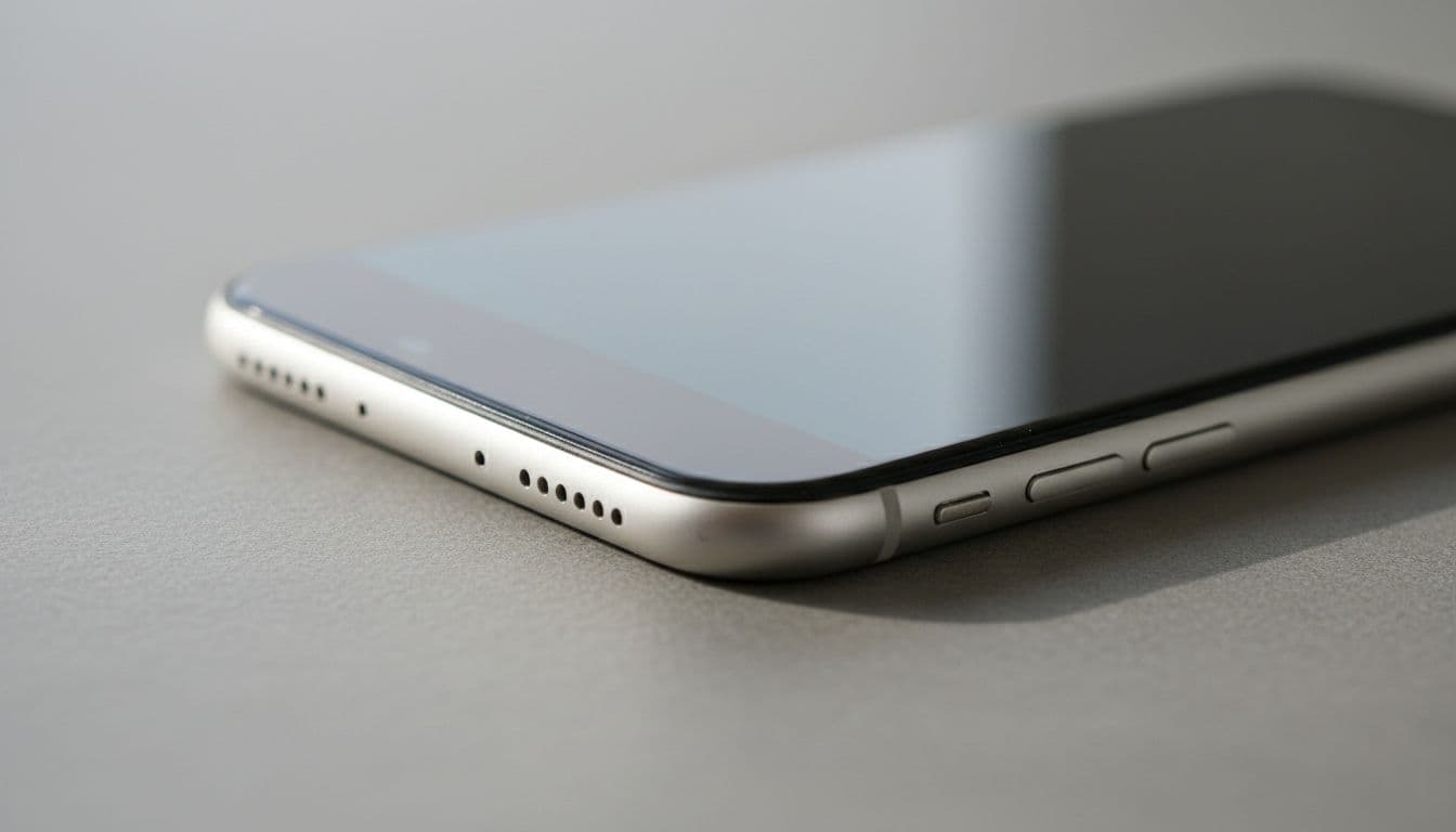 Photorealistic close-up of iPhone screen edges and frame on a matte surface in soft daylight, checked for lifted edges or damage with realistic materials and sharp details. Neutral background, no logos, text, people, or watermarks.