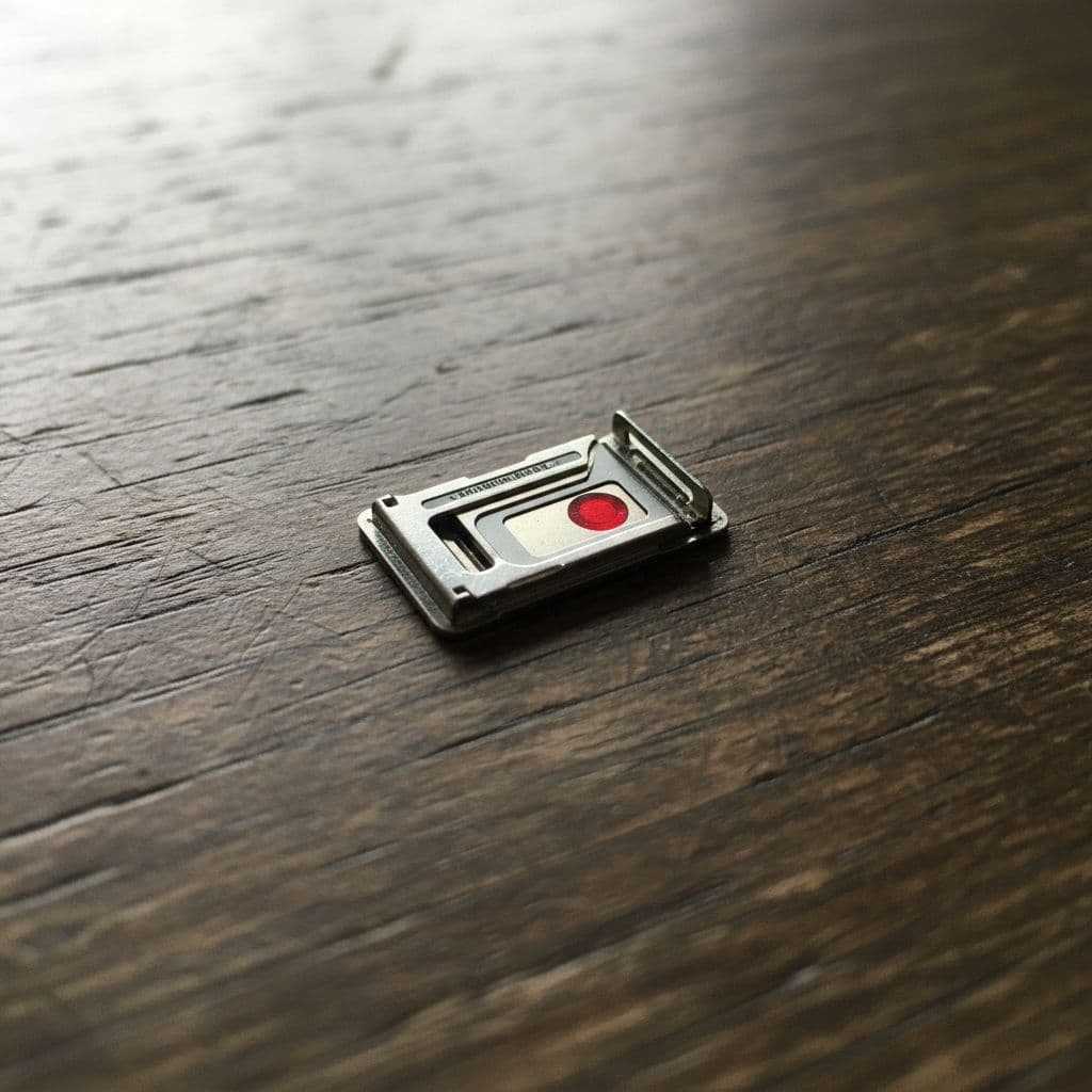 Close-up of a refurbished iPhone SIM tray with visible red LCI indicator for water damage, on a wooden table in soft daylight, focused documentary style.
