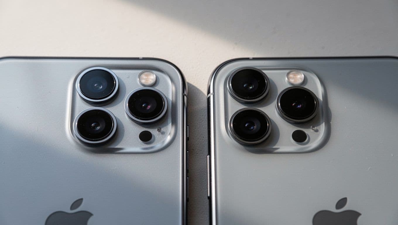 Close-up macro photo of two generic iPhone back sides side by side, showcasing distinct standard and Pro camera modules with sharp focus on cameras and blurred neutral background.
