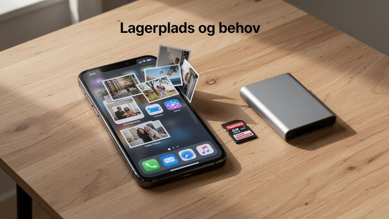 Flat lay photorealistic image of a refurbished iPhone on a wooden table with open photos and video icons, accompanied by an SD card and external SSD as a metaphor for storage needs in a minimalist Nordic style.