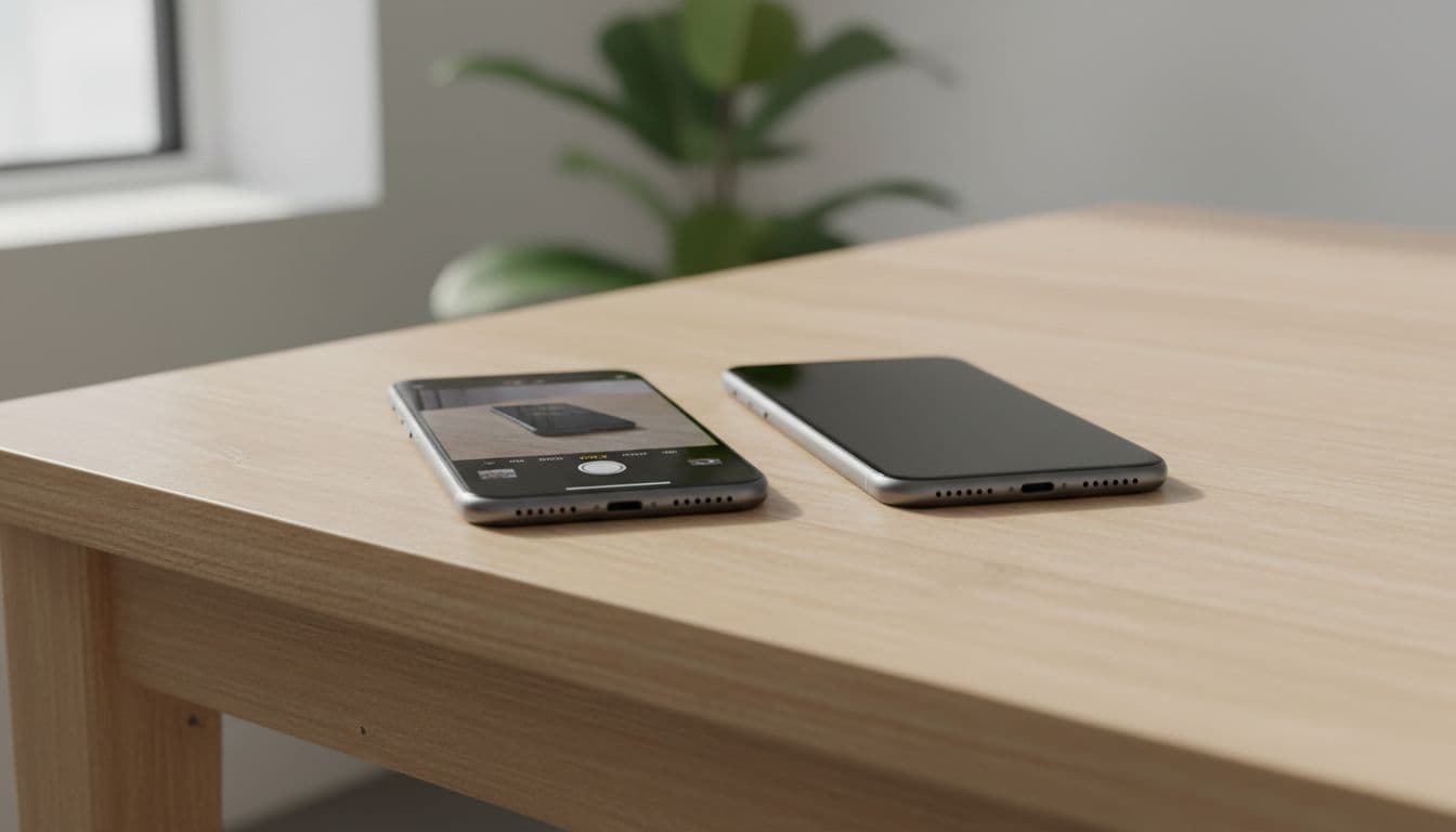Two modern smartphones sit horizontally on a clean surface under soft, natural daylight. The left device shows an active camera viewfinder display, while the right smartphone remains dark and inactive.