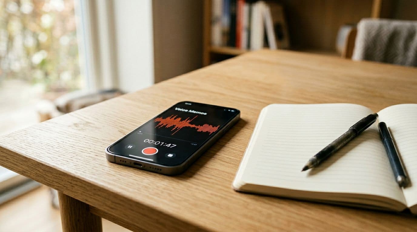 Photorealistic image of a refurbished iPhone displaying the iOS Voice Memos app with an active recording waveform on a light wooden table in a Danish home office, accompanied by a notebook and pen.