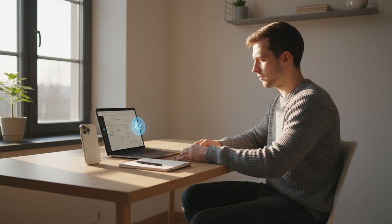 Photorealistic image of a young man in his 20s at a minimalist Nordic home office desk, with refurbished iPhone 13 leaning against an open MacBook displaying notes, implying Continuity or AirDrop, natural afternoon light, notebook and pen.