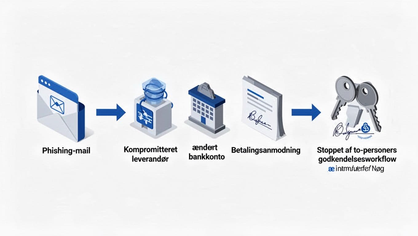Ikonkæde der viser BEC-angreb fra phishing til kompromitteret leverandør og ændret bankkonto, stoppet af to-personers godkendelse.