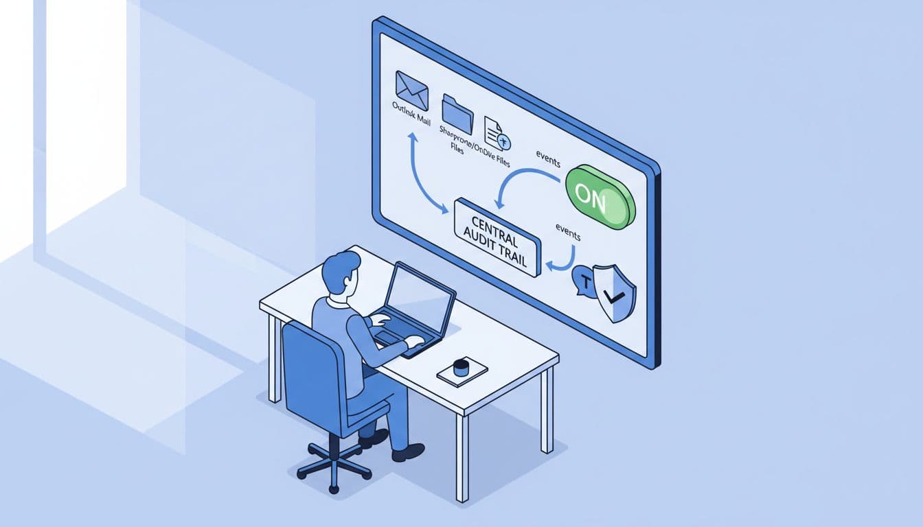 Modern flat isometric tech illustration in blue and gray tones featuring an IT administrator at a laptop with a stylized Microsoft 365 audit log dashboard showing service icons for mail, files, and Teams feeding events into a central log box, green ON switch, and security shield.