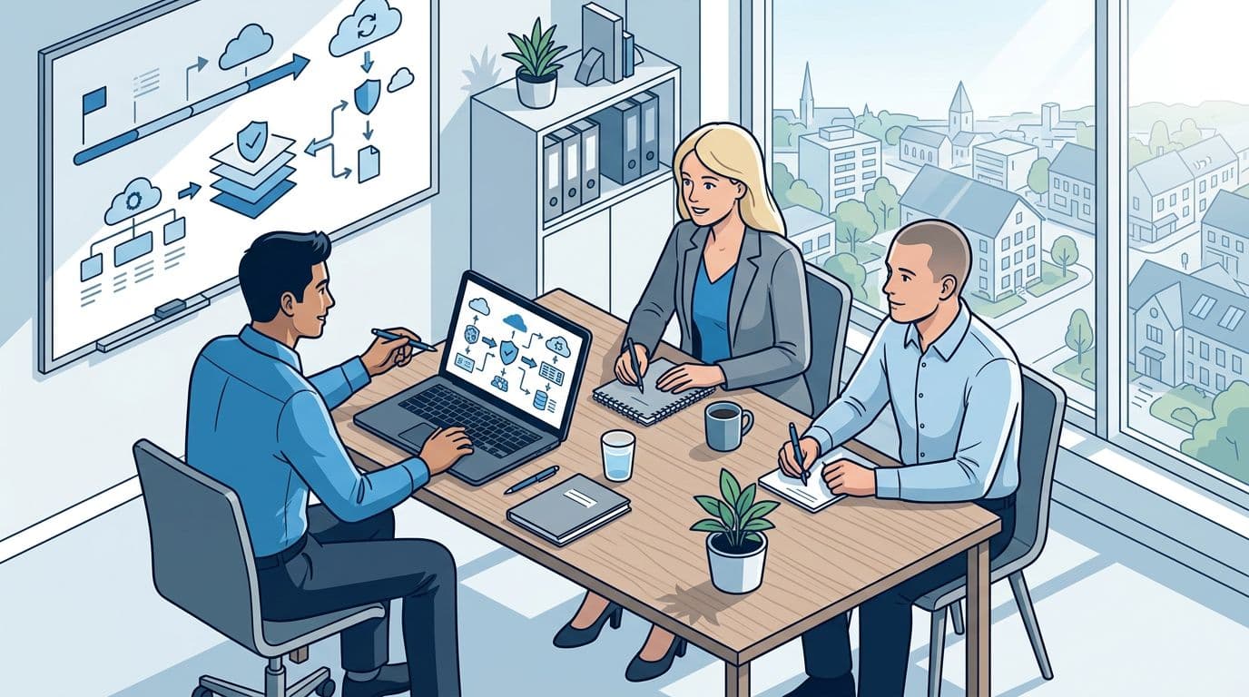 Modern corporate illustration in light isometric style depicting an IT consulting meeting for small and medium enterprises in Randers/Lystrup. Three people around a table with laptop and notes discuss Microsoft 365 migration and security in blue-gray tones with high contrast, sharp lines, and natural window light.