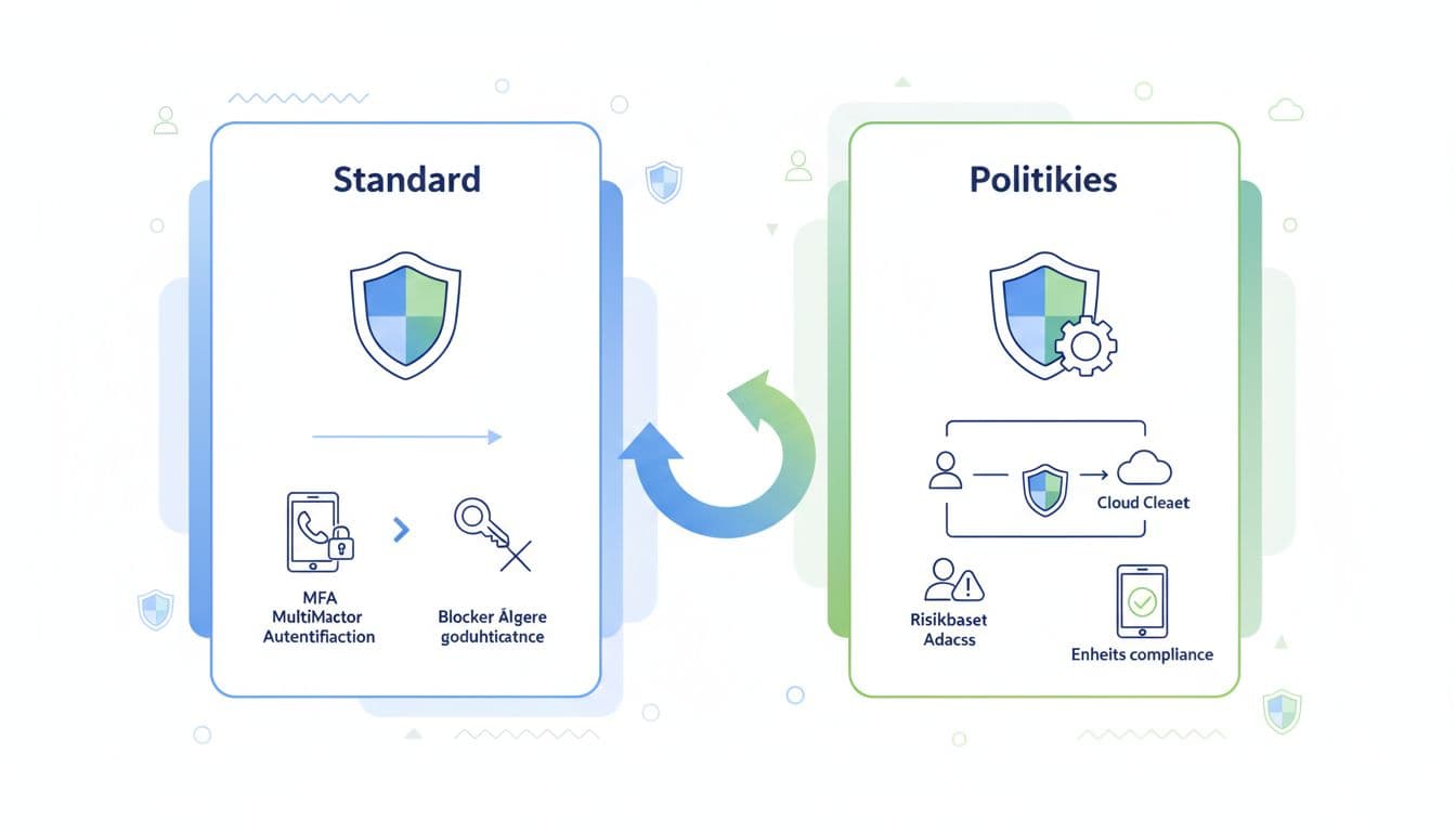 Modern, minimalist flat isometric illustration of IT security comparing Security Defaults (shield, MFA, legacy auth block) on the left with Conditional Access (rules, risk-based access, device compliance) on the right, using clean lines, blue-green accents on white background, Danish labels, and progression arrow.